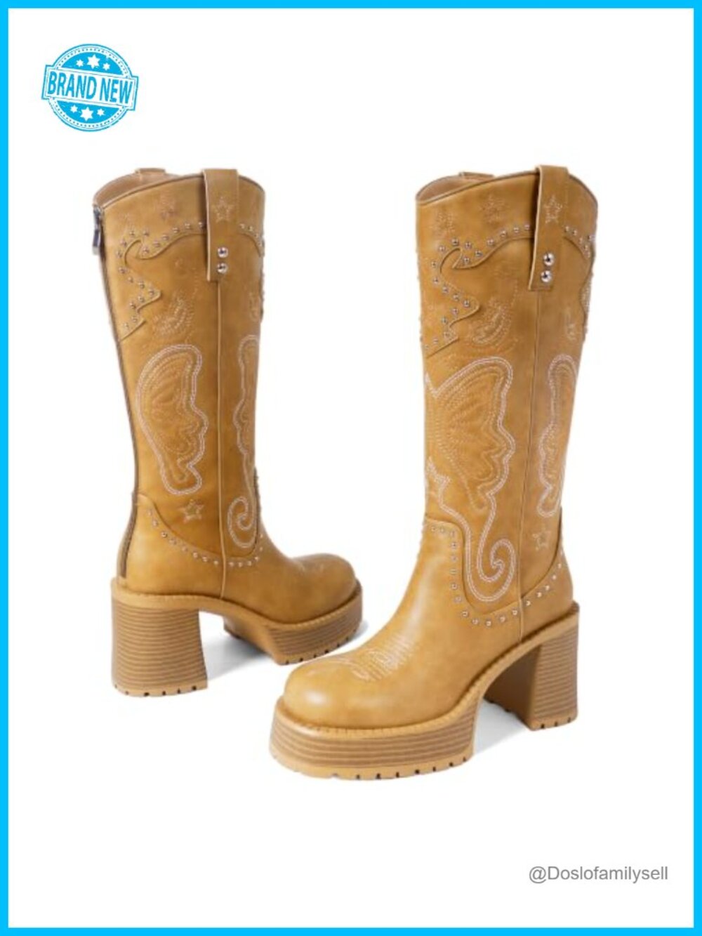 Women's Knee High Western Boots Leather Platform Chunky Heel Pull On
